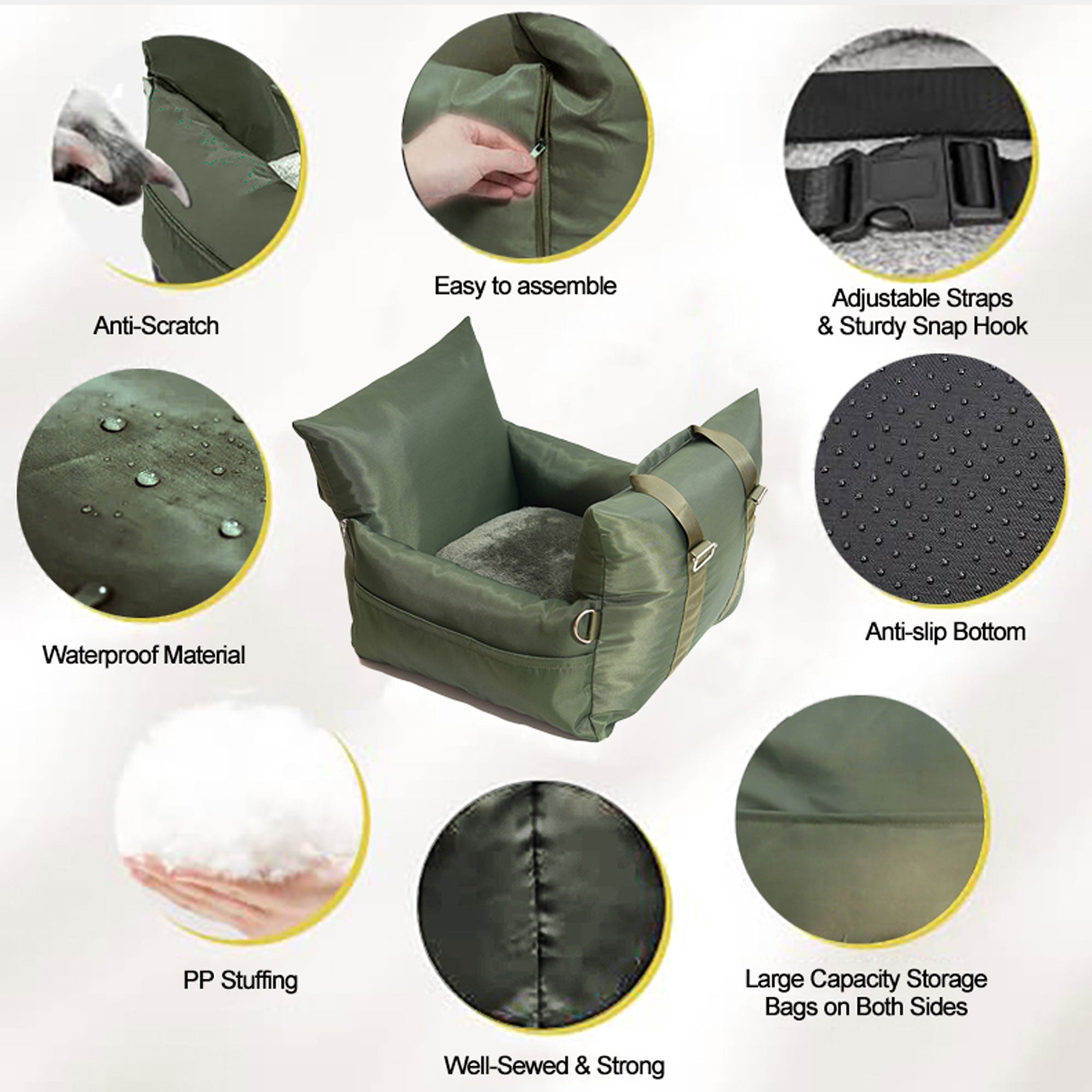 Olive Green Waterproof Dog Car Seat Bed