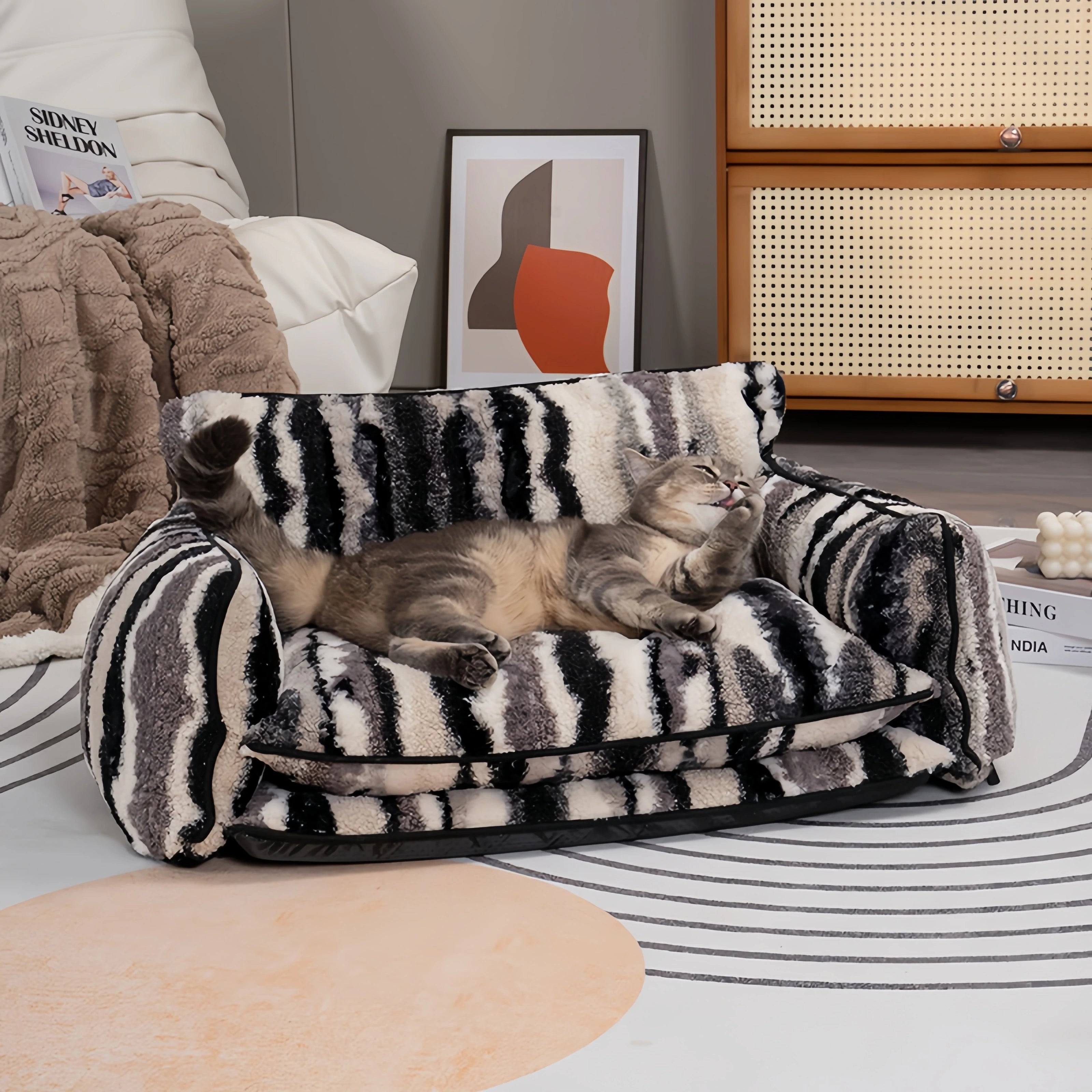 Black & White Striped Faux Lambswool Pet Sofa Bed
