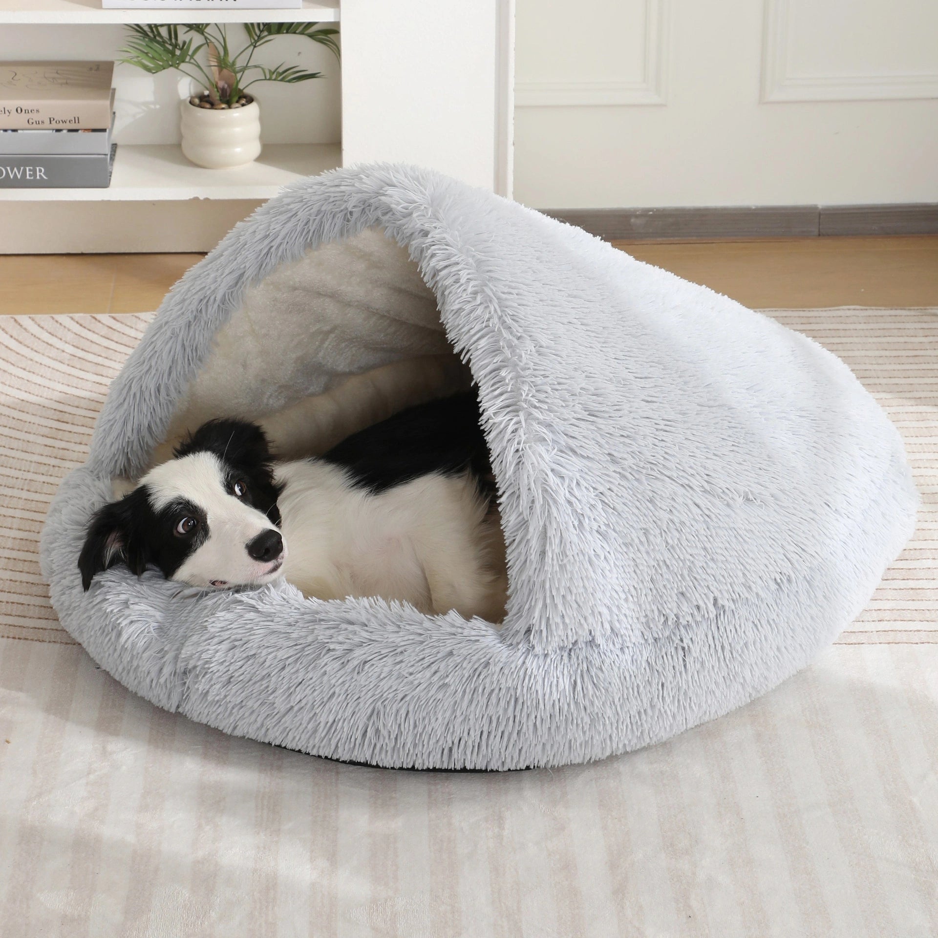Furry Semi-Enclosed Dog Calming Bed-Light Grey