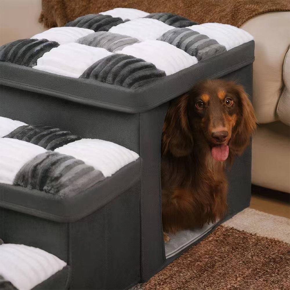 Multifunctional and Foldable Plaid Dog Stairs with Storage