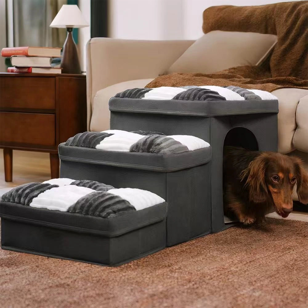 Multifunctional and Foldable Plaid Dog Stairs with Storage