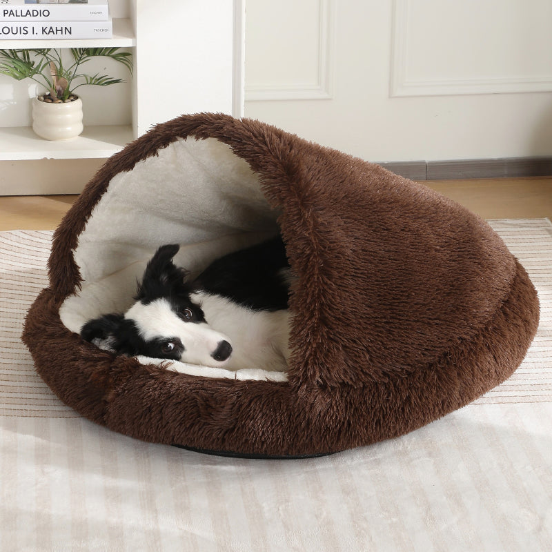 Furry Semi-Enclosed Hooded Dog Calming Bed-Dark Brown