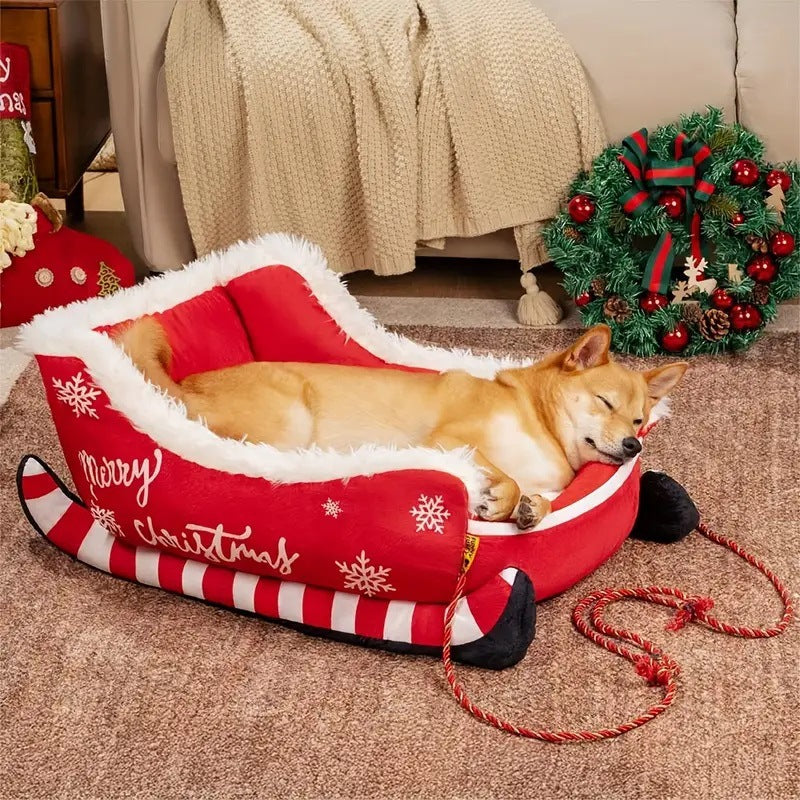 Christmas Sleigh Cozy Dog Bed-Red