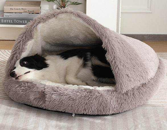 Furry Semi-Enclosed Dog Calming Bed-Brown