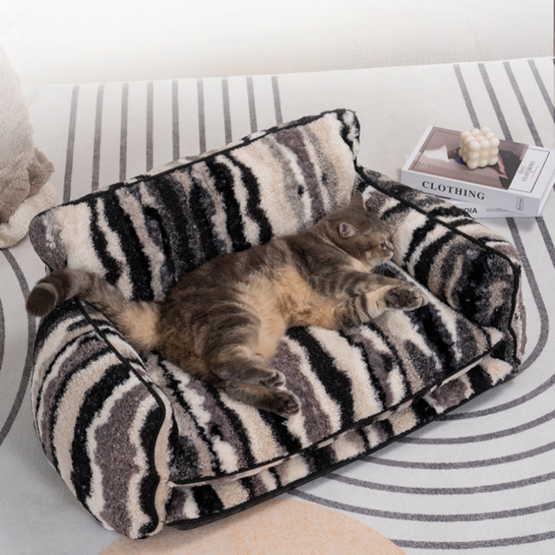 Black & White Striped Faux Lambswool Pet Sofa Bed