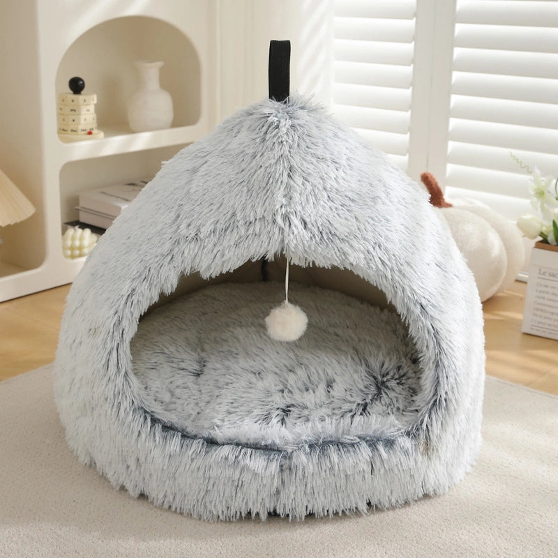 Long Plush Warm Hideaway Cat Cave Dog Bed