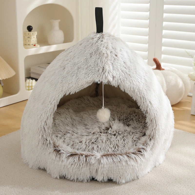 Long Plush Warm Hideaway Cat Cave Dog Bed