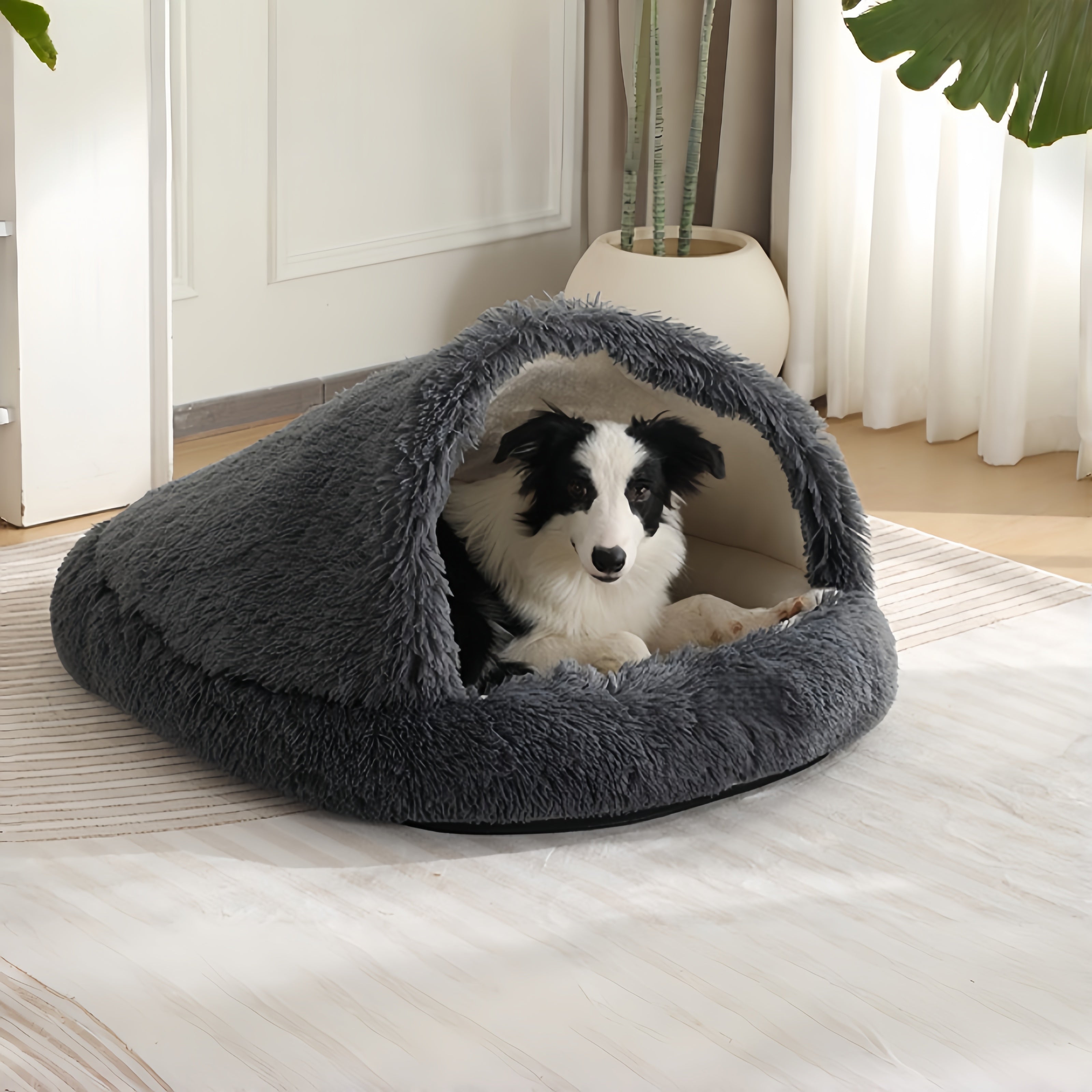 Furry Semi-Enclosed Hooded Dog Calming Bed-Dark Grey