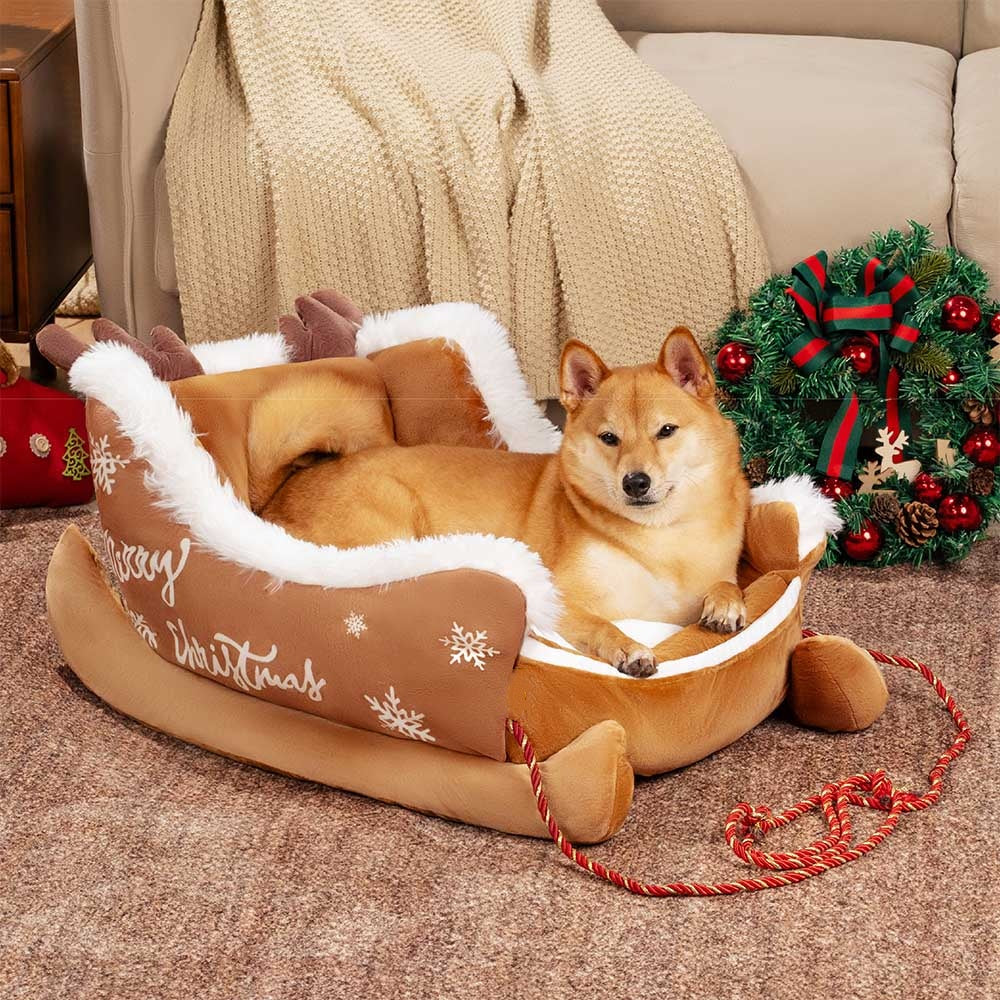 Christmas Sleigh Cozy Dog Bed-Brown