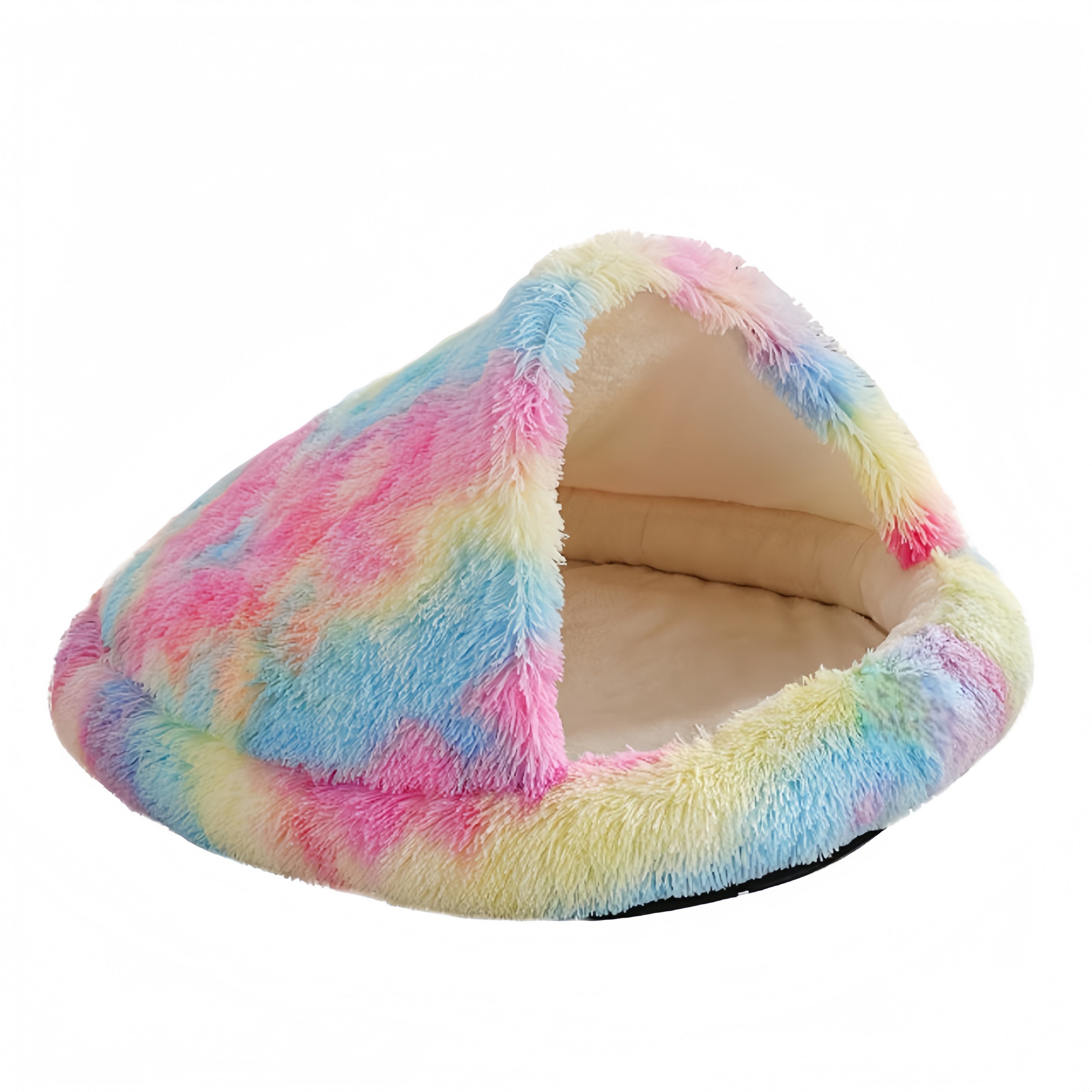 Furry Semi-Enclosed Hooded Dog Calming Bed-Rainbow