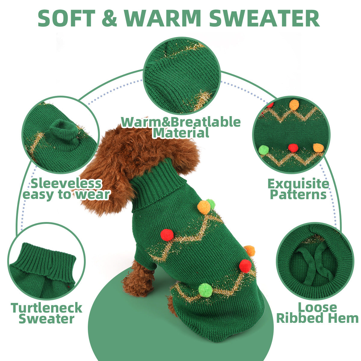 Christmas Dog Sweater with Colorful Pompoms-Green