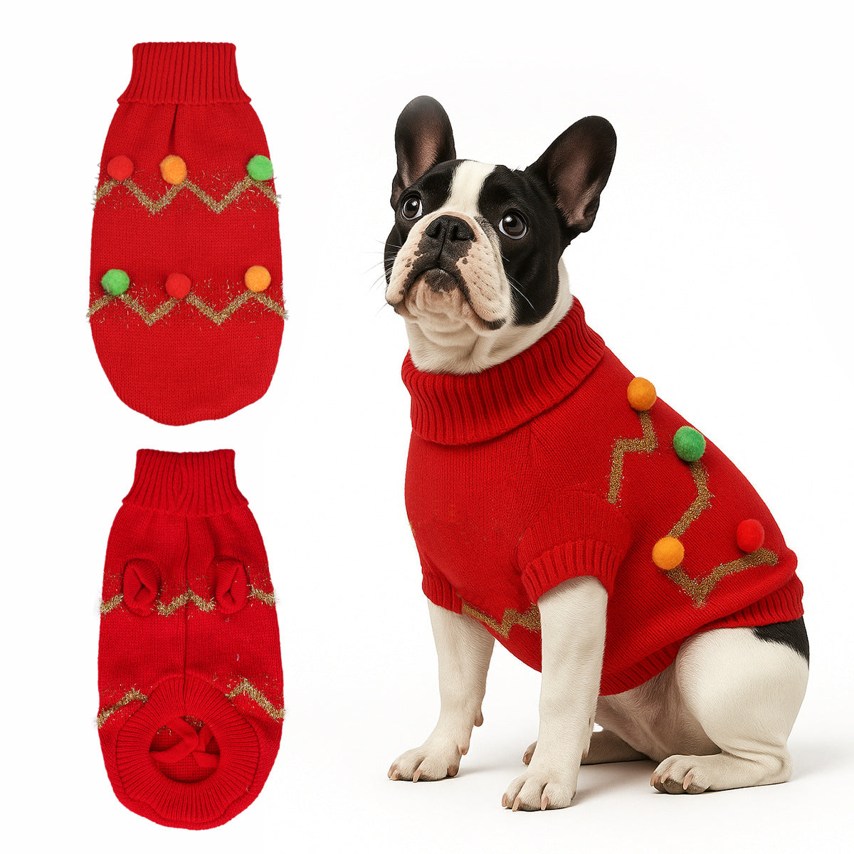 Christmas Dog Sweater with Colorful Pompoms-Red