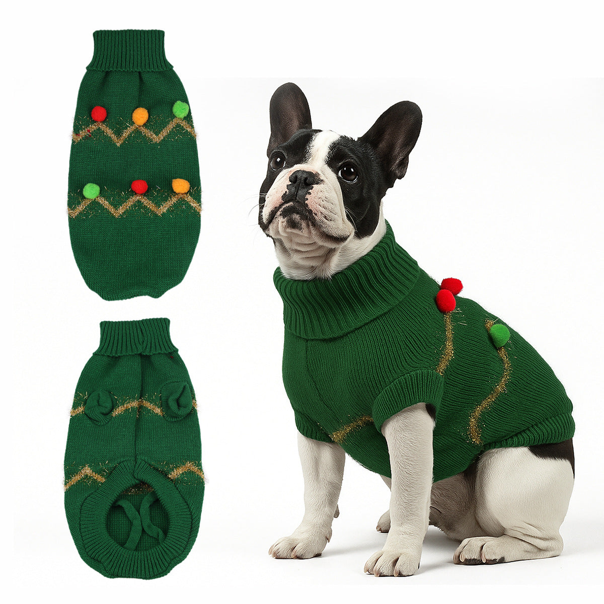 Christmas Dog Sweater with Colorful Pompoms-Green