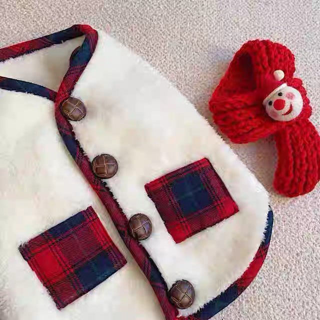 Christmas Plaid Dog Jacket with Scarf-White&Red