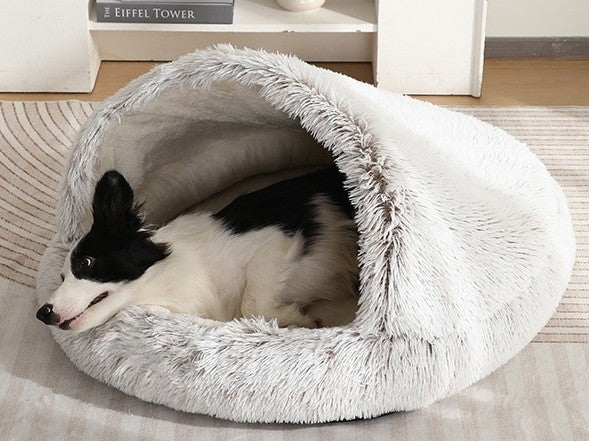 Furry Semi-Enclosed Dog Calming Bed-Beige