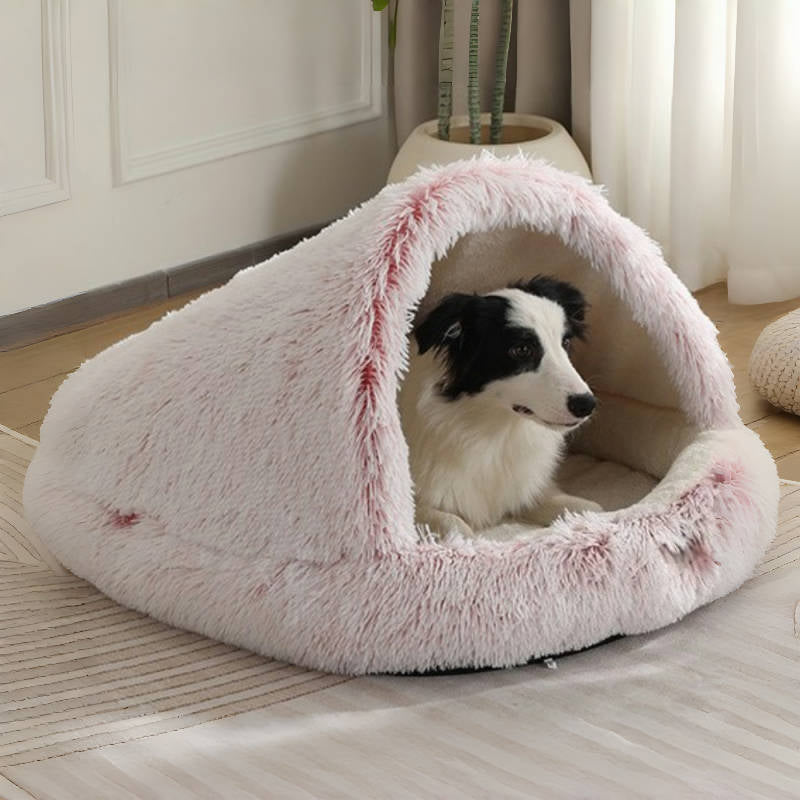 Furry Semi-Enclosed Dog Calming Bed-Pink