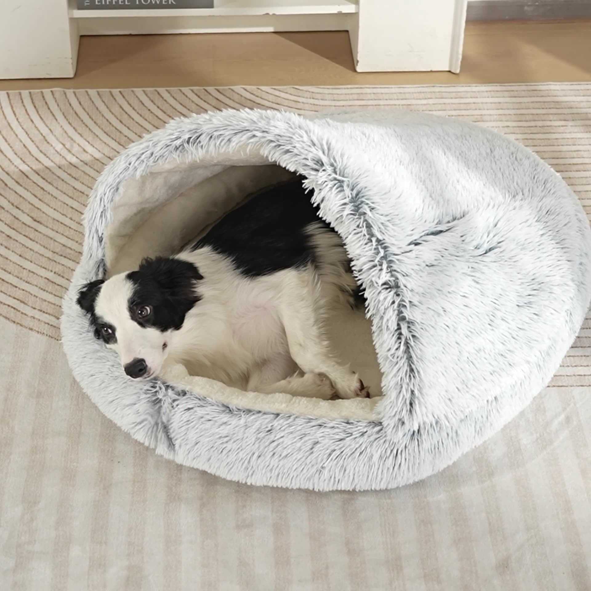 Furry Semi-Enclosed Dog Calming Bed-Grey